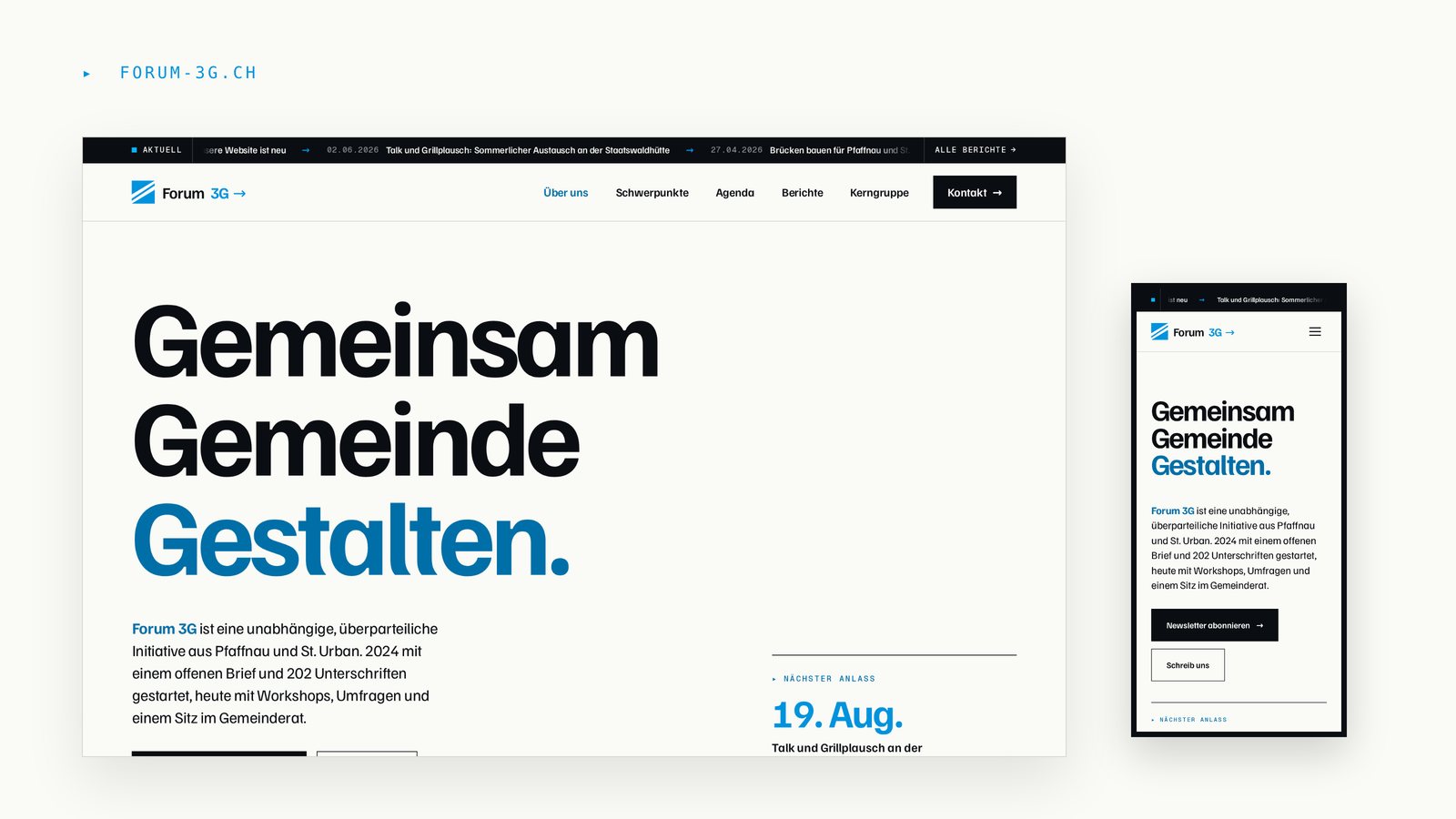 Die neue Startseite von forum-3g.ch, auf dem Desktop und auf dem Handy